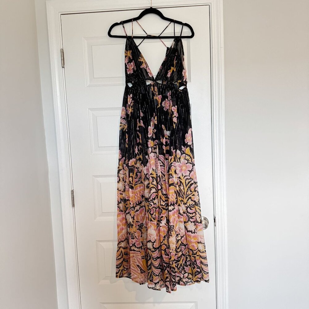 Anthropologie Gauzy Black Sheer Maxi Cut Out Floral Paisley Coverup Small NWT